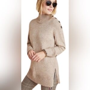 Anthropologie Beige Button-Shoulder Turtleneck Tunic Sweater